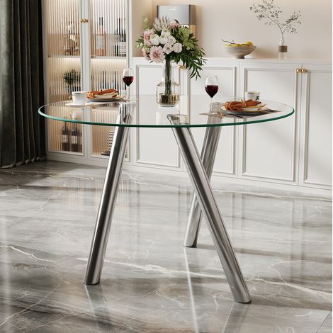 Mesa de comedor redonda 89 cm plateada de cristal templado y metal con diseño seguro y estable (1/5)