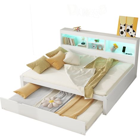 CAIziCanapé-lit 140x200 cm LED, rangement, lit gigogne, USB, sans matelas (1/5)