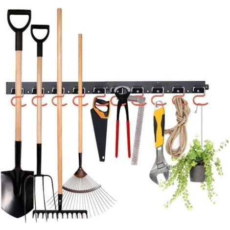 Support mural pour outils de jardin, MOHOO 64 pouces Organisateur d'outils de jardin à suspendre Système de stockage réglable Garages avec 4 rails 16 crochets Porte-outils de jardin Ra