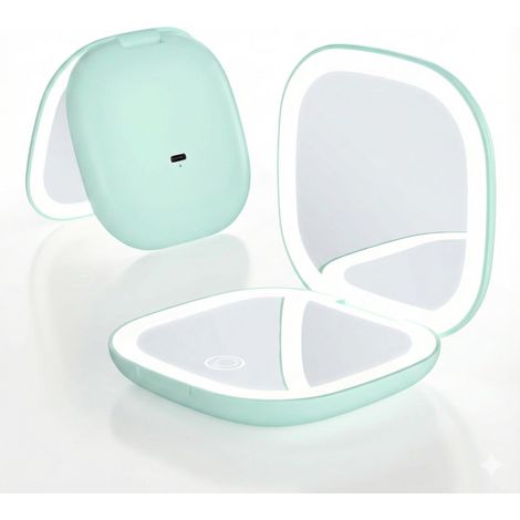 Miroir de Maquillage Compact grossissant 10X avec éclairage, Vert Miroir double avec vue standard et grossissement 10x, trois teintes LED et luminosité réglable. (1/5)