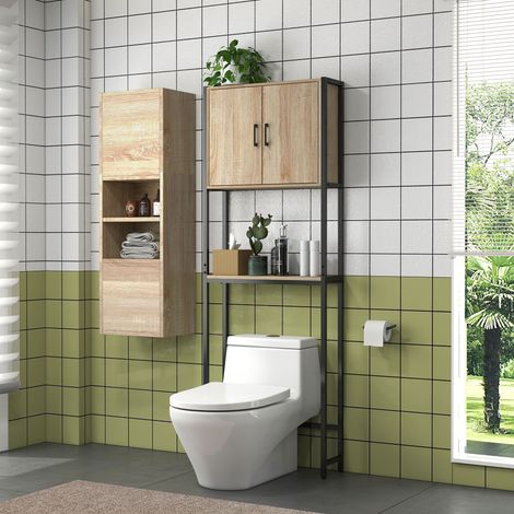Étagère de toilettes meuble de salle de bain dessus toilette WC avec placard 2 portes et étagère ouverte
