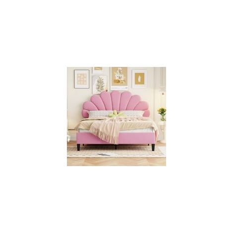 Lit double 140x200 cm, lit enfant avec tête de lit en forme de fleur et sommiers à lattes, tissu en velours rose, sans matelas (1/5)