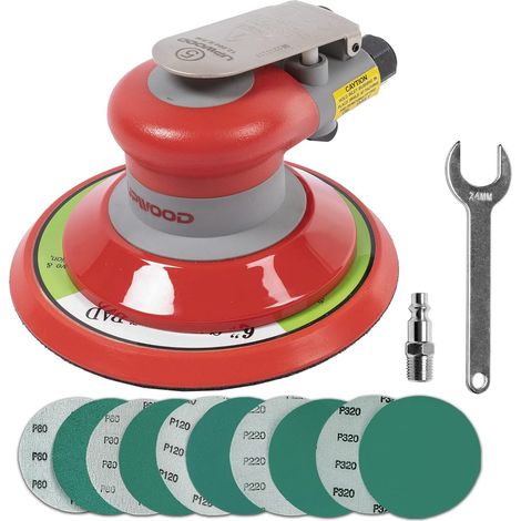 150mm ponceuse orbitale pneumatique 6", légère, sans aspiration, orbite 3/16", 12 000 tr/min, avec 10 abrasifs (grain 60–320), pour carrosserie, bois, composites (1/5)