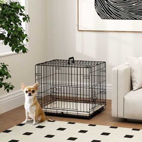 Cage pliable pour chien avec coussin, portes, plateau amovible et structure en fil de fer, 60 x 45 x 50 cm, noir et beige (1/5)