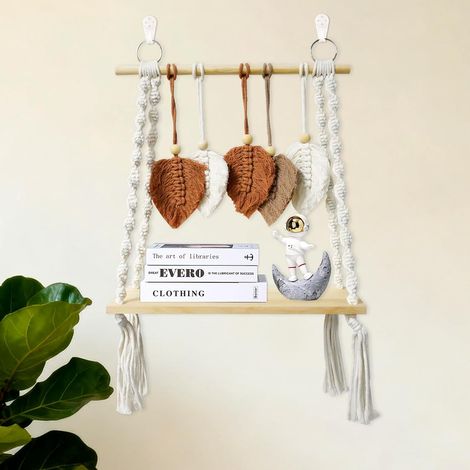 40cm Decoration Murale Bois, Deco Murale Boheme, Tressé À La Main avec Franges Et Feuilles, pour La Etagere Murale Chambre, Decoration Salle De Bain, Deco Salon, avec Deux Clous (1/5)
