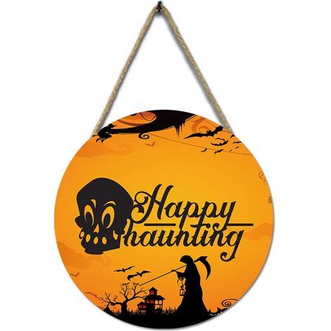 Halloween-Türschild, robust, farbecht, wiederverwendbar, mit Kordel, runder Dekoration, Holzkürbis, Fledermaus, Spukhaus, Willkommensanhänger für die Party (1/2)