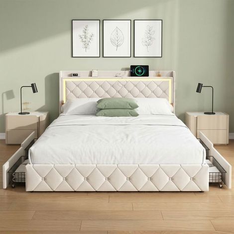 Cama de adulto - 140x190 - 4 cajones - LED integrada y carga USB - Somier de lamas (1/5)