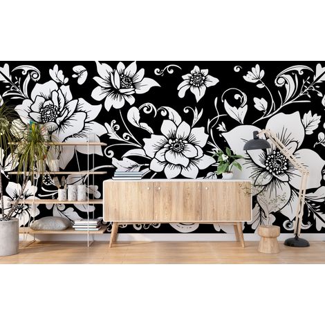 Papier peint fleuri - grands lys noir et blanc - 150 x 250 cm (1/2)