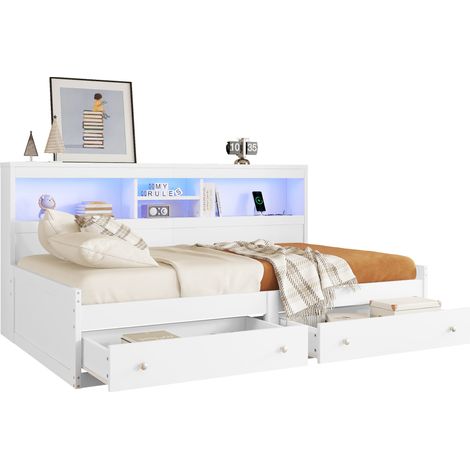 Lit banquette 90x200 cm, canapé-lit, table de nuit, 2 USB et 2 prises, LED ambiance, 2 tiroirs, sommier, panneau, blanc, matelas non inclus (1/5)