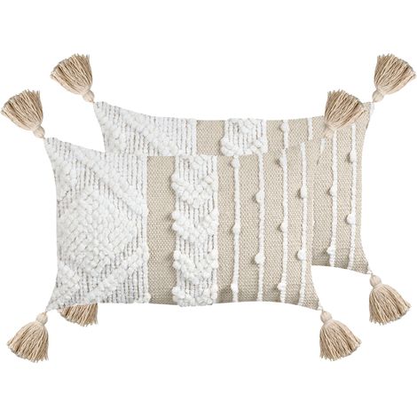 Conjunto de 2 cojines rectangulares con borlas 30 x 50 cm blanco crema Valvaria (1/5)