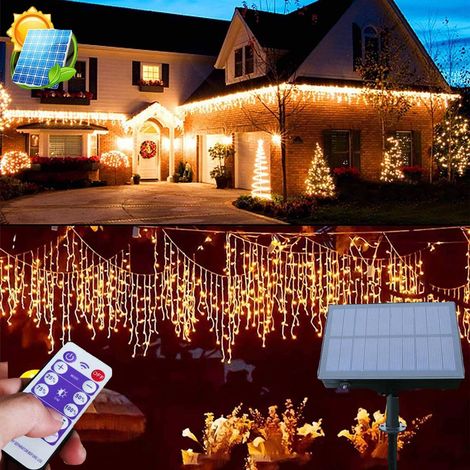 Guirlande lumineuse solaire LED blanc chaud de 5 m, étanche, effet glaçons, avec télécommande, pour la décoration intérieure et extérieure de jardin. (1/5)