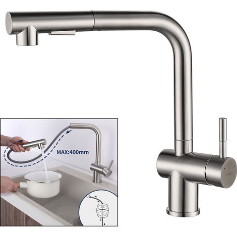 Lonheo Grifo de Cocina Extraíble de 40CM, 360° Giratorio Grifo de Fregadero Monomando Cocina en Acero Inoxidable, 2 Funciones Monomando de Cocina con Aireador Extraíble (1/5)