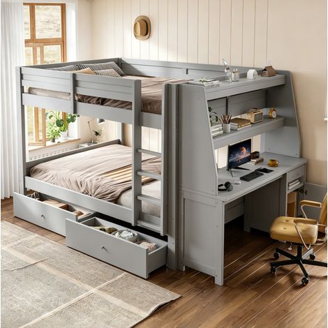 Letto a castello 140 x 200 cm con scrivania, ripiani e 2 cassetti, grigio OKMYHOME (1/5)