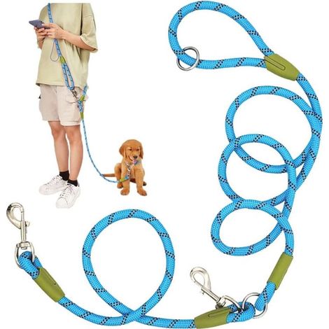 Laisse Mains Libres pour Chien pour la Course, la Marche,Double Laisse en bandoulière, 1,2 cm d'épaisseur, en Nylon réfléchissant très résistant pour Chiens de Petite, Moyenne et Grande Taille (Bleu) (1/5)