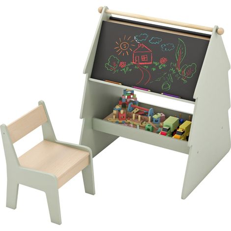 Caballete de arte 2 en 1 con taburete 68 x 60 x 80 cm seguridad reforzada ambiente creativo de madera verde 200011425