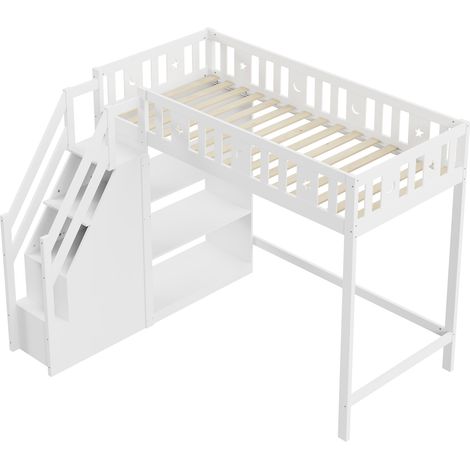 Lit mezzanine 90x200 cm, avec escalier de rangement et étagères, lit simple en bois, lit pour adolescent, lit pour enfant, cadre en bois massif, blanc