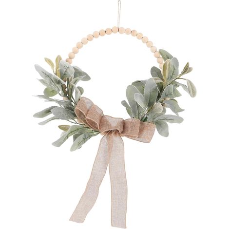 Couronne de Fleurs Artificielle Bohème Perles de Bois et Nœud Décor Rustique pour Mariage et Fête Couronne Murale D’Oreilles D’Agneau Décoration Intérieure/extérieure pour Porche (1/5)