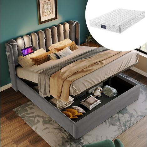 FLORAGRACE Lit coffre 140x200 cm en velours gris avec tête de lit, liseuse, 2 ports USB, sommier à lattes relevable (1/5)