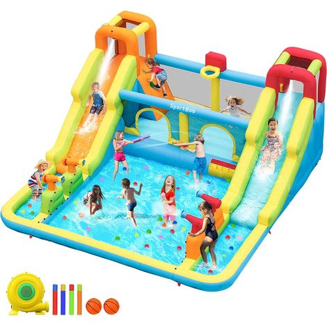XXL Inflatable Castle for Children, with Double Aquatic, 178 x 416 x 210 cm Outdoor Indoor Slide with Blower, 4 Water Spray Guns, Trampoline, 2 Climbing Walls, Swimming Pool (1/5)