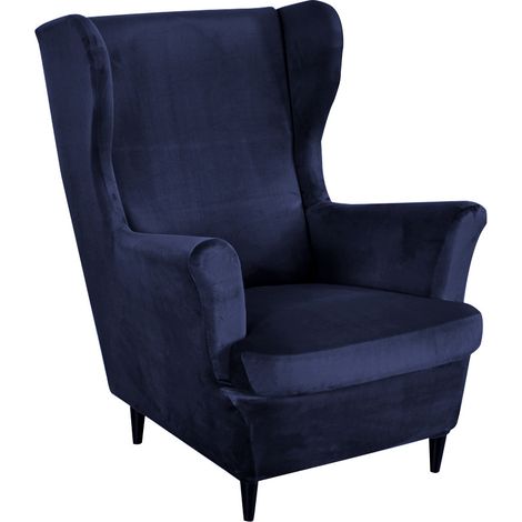 Funda para sillón orejero, azul marino, terciopelo elástico [22E4] (1/5)