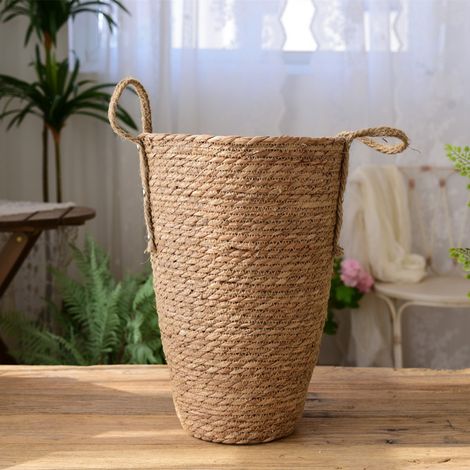 Grand panier à fleurs tressé en paille, vase, composition florale décorative pour salon, gypsophile, fleurs séchées, pot de fleurs minimaliste moderne en rotin. (1/4)