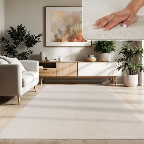 Paco Home Moderner Wohnzimmer Teppich Kurzflor Waschbar Weich Felloptik Anti-Rutsch 120x160 cm, Creme 2