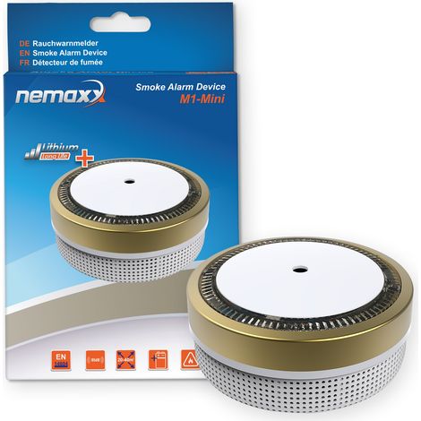 NEMAXX® M1-Mini Rilevatore di Fumo/Allarme Antifumo Ø71,6mm, Fotoelettrico, Senza Materiali Radioattivi, EN14604 (AFNOR 0333), VdS G216020, Allarme 85 dB, 3V Litio, Hush, Fino a 10 Anni – Oro – 1x (1/5)
