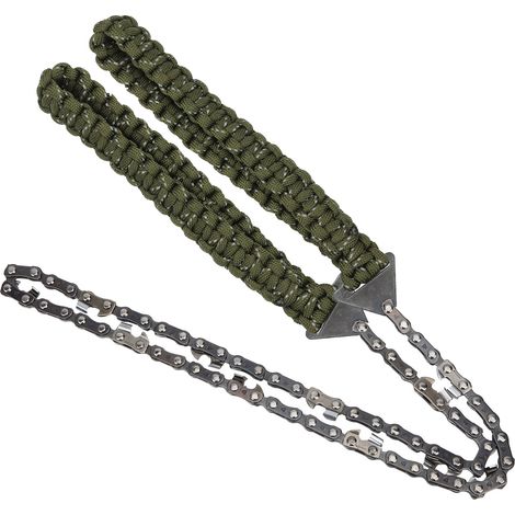 Tronçonneuse de poche à 11 dents avec poignée tressée, en acier inoxydable, réfléchissante, vert armée, avec paracorde. (1/5)