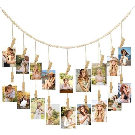 Guirlande photo bohème : corde chanvre + 20 pinces, sans perçage. Rideau suspendu avec 2 clous sans trace et 2 crochets. (1/5)