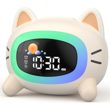 Reveil Enfant Educatif Jour/Nuit, Réveil Enfant avec Veilleuse, Machine Sonore, Deux Alarmes, Mode Week-End, Réveil Rechargeable d'entraînement au Sommeil pour Garçons Filles - Chat (1/5)