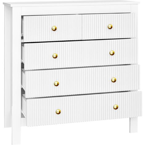 Commode HOMVRA à 5 tiroirs en panneaux de particules blancs avec poignées dorées (1/5)