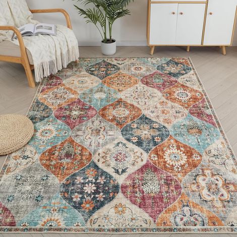 Tapis Marocain, Tapis Salon Moderne à Poils Courts, Tapis Lavable en Machine pour Chambre à Coucher Multicolore Crème 80x150 cm (1/5)