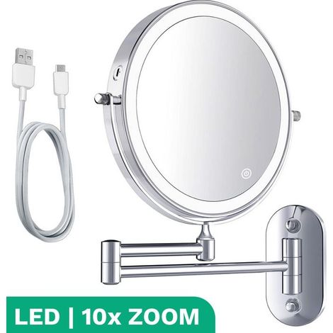 (Chrom) Wandmontierter Kosmetikspiegel mit LED-Beleuchtung – 10-fache Vergrößerung – Badezimmer – Grau (1/4)