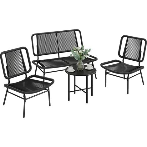 Ensemble mobilier jardin 4 pièces en rotin canapé extérieur avec table métal noir design moderne (1/5)