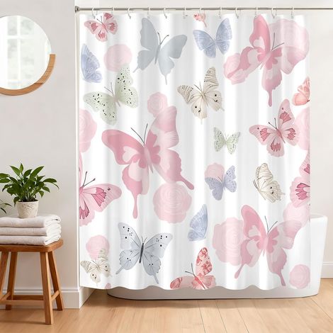 Rideau de Douche Anti Moisissure 180 x 180 cm Rideau Douche Motif Papillon Tissu Polyester Imperméable Lavable Rideau Baignoire avec 12 Crochets (1/5)