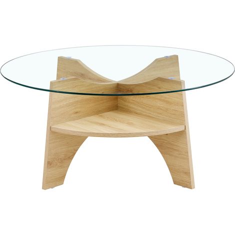 Table basse ronde de salon plateau verre et pieds MDF effet bois naturel Ø 80 x 36 cm (1/5)