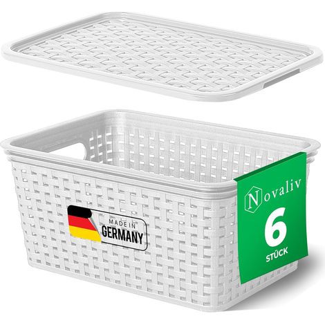 Novaliv lot de 6 boîtes de rangement avec couvercles, petit panier 5L, blanc en rotin, panier de rangement alimentaire, boîtes empilables