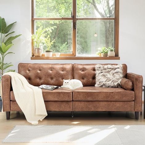 YODOLLA 3 Seater Sofa Large, 214cm Modern Sleeper Sofa Loveseat, Tufted Synthetic Suede Fabric Sofa with 2 Bolster Pillows, Brown (1/5)