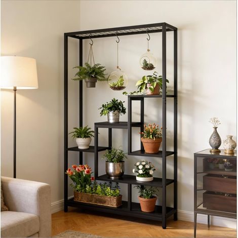 Support pour plantes noir en métal et bois à 5 niveaux avec 7 étagères, crochets de suspension et gain de place (1/5)