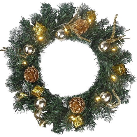 Couronne de Noël lumineuse avec lumières LED, couronne de porte pré-illuminée de 40 cm avec décorations, guirlande artificielle à piles pour porte d'entrée, motif Bouddha