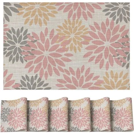 Artoid Mode Lot de 6 sets de table été PVC, motif fleurs roses dahlias, 30x45 cm, résistants taches et chale - Rose 30 x 45 cm, 6pcs (1/5)