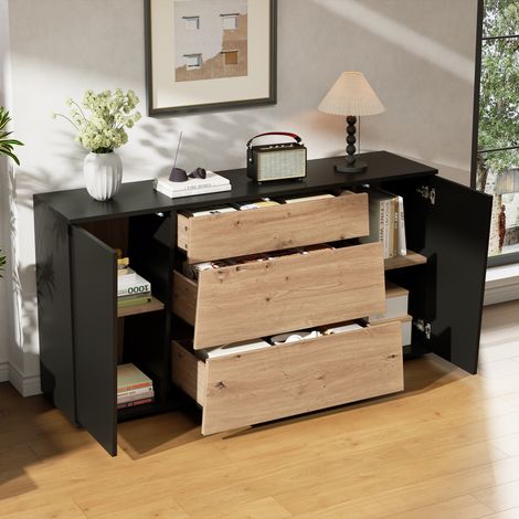 140 cm (B) Sideboard, 70 cm (H) Küchenschrank mit Arbeitsplatte, Buffetschrank mit 3 Schubladen & 2 Türen, Schließfächer für Küche, Wohnzimmer,Flur & Studie ,Schwarz + Holzton,140×35×70cm (1/5)