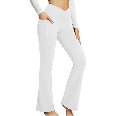 Pantalon de yoga bootcut avec poches pour femme, taille haute, effet ventre plat, pantalon de travail pour femme - XL - Blanc (1/5)