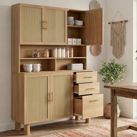 Mueble de cocina con armarios para ollas de 120 cm DENISE, 5 puertas + 3 cajones, acabado natural tipo mimbre (1/5)
