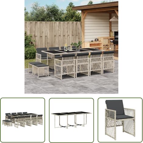 The Living Store 13-tlg. Garten-Essgruppe mit Kissen Hellgrau Poly Rattan - Gartengestell - Gartenmöbel Set - Gartentisch - Gartenstühle - Gartenhocker (1/5)