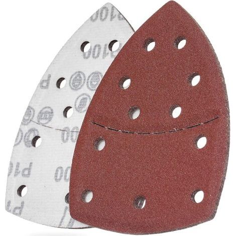 10 Blatt dreieckiges Schleifpapier mit Klettverschluss, 11 Löcher, multifunktionales Schleifzubehör, rot (Körnung 100). (1/5)