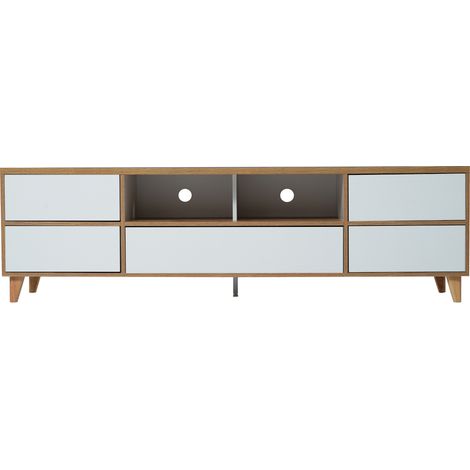 Meuble TV en MDF blanc et bois 175x37x51 cm avec portes et étagères, style campagne naturel (1/5)