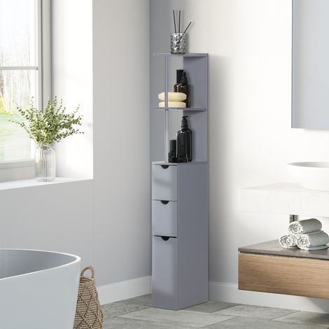 Meuble colonne salle de bain armoire de salle de bain avec tiroirs étagères ouvertes placard 15 x 33 x 136.8 cm gris