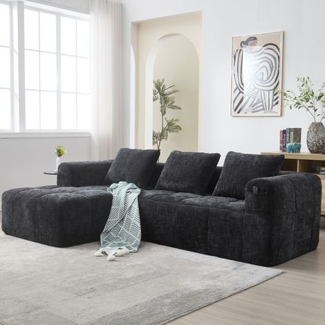 FloraGrace Canapé modulable avec méridienne, 250 x 158 x 60 cm, chenille noire, 3 coussins, poches latérales (1/5)