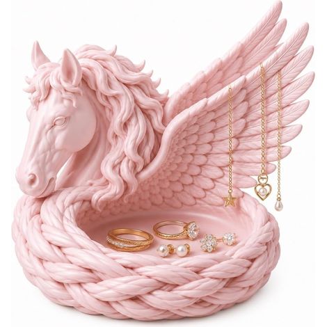 Pegasus – Bol fourre-tout pour clés, bijoux et pièces de monnaie, bol de rangement de bijoux avec aile et support de collier, cadeau pour les amateurs de chevaux pour femme, 17,8 cm (rose) (1/5)